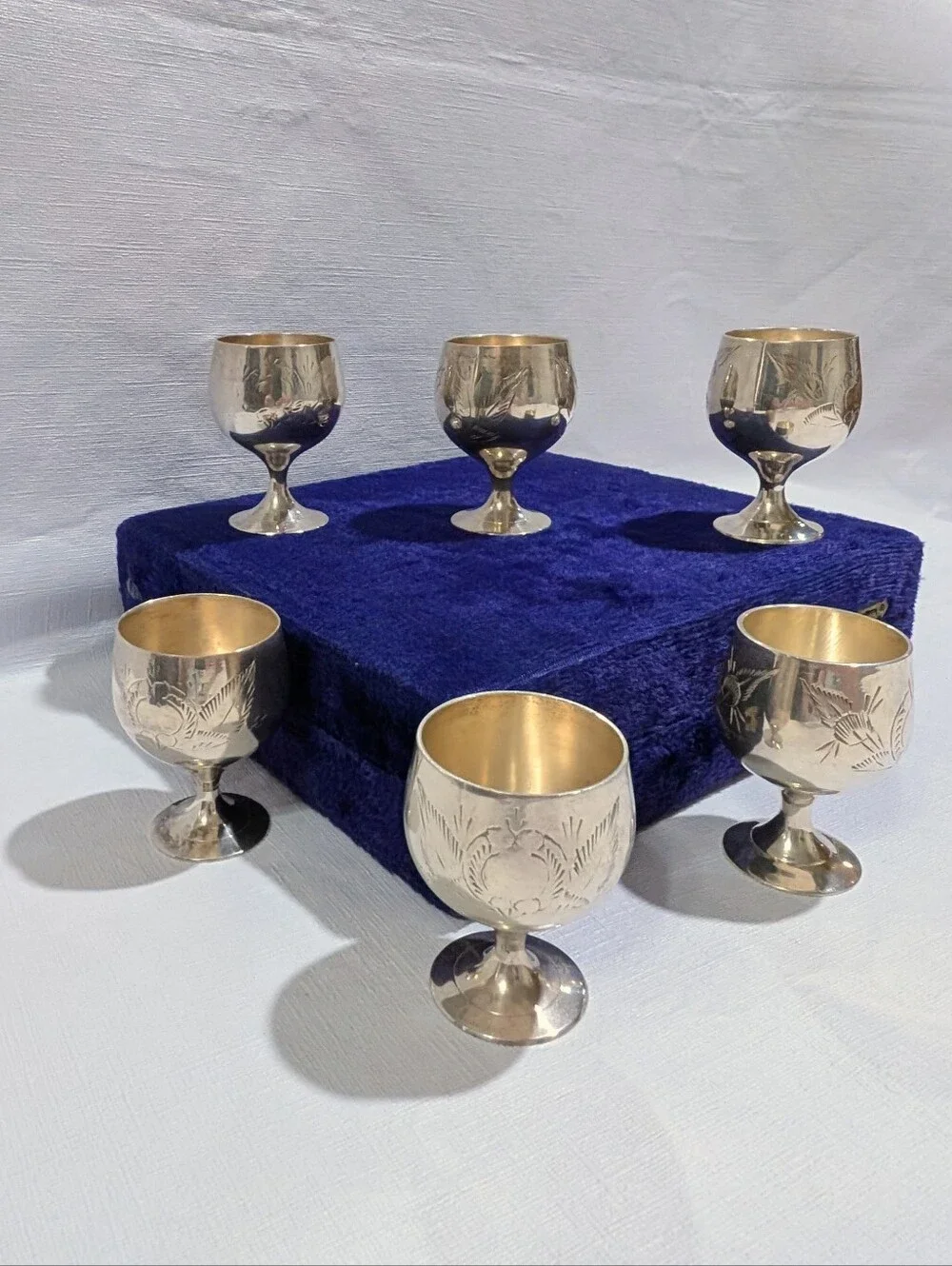 Vintage EPNS Silver Plated Engraved Cordial Goblets -Set of 6- in Original Case